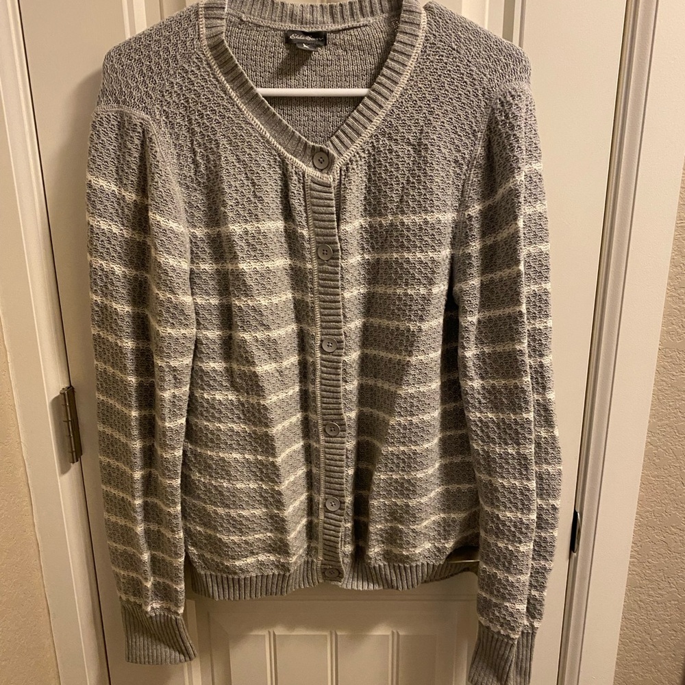 Eddie Bauer L Cardigan Sweater Large Button Front Knit Gray White Stripe Lg